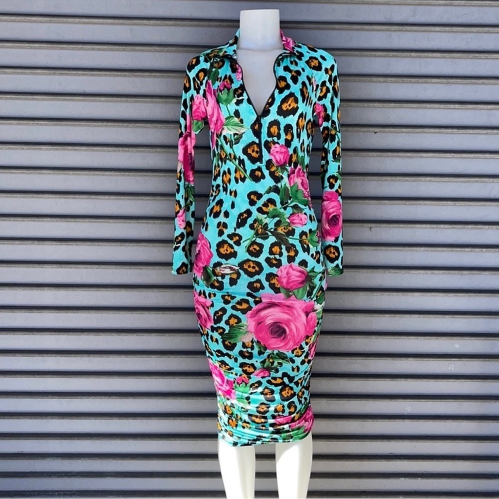 Kimcine Curve Bodycon Long Sleeve V-Neck Floral Leopard Print Dress Size M